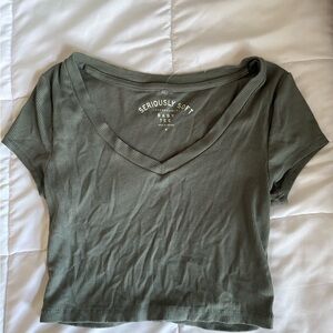 Aeropostale Olive Ribbed V-Neck Crop Top